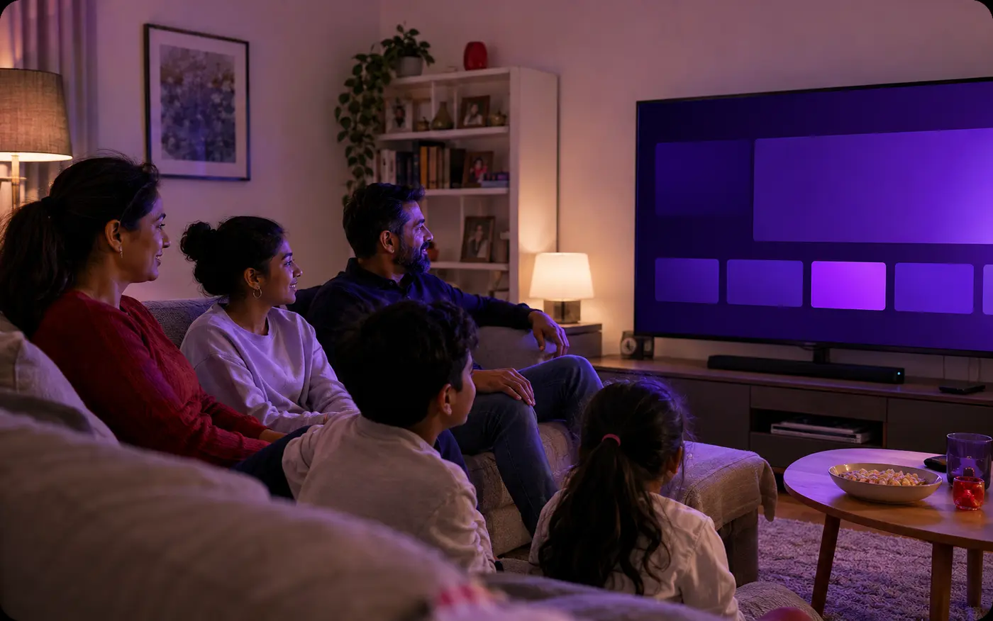 Une famille regarde la télévision dans un salon au Royaume-Uni