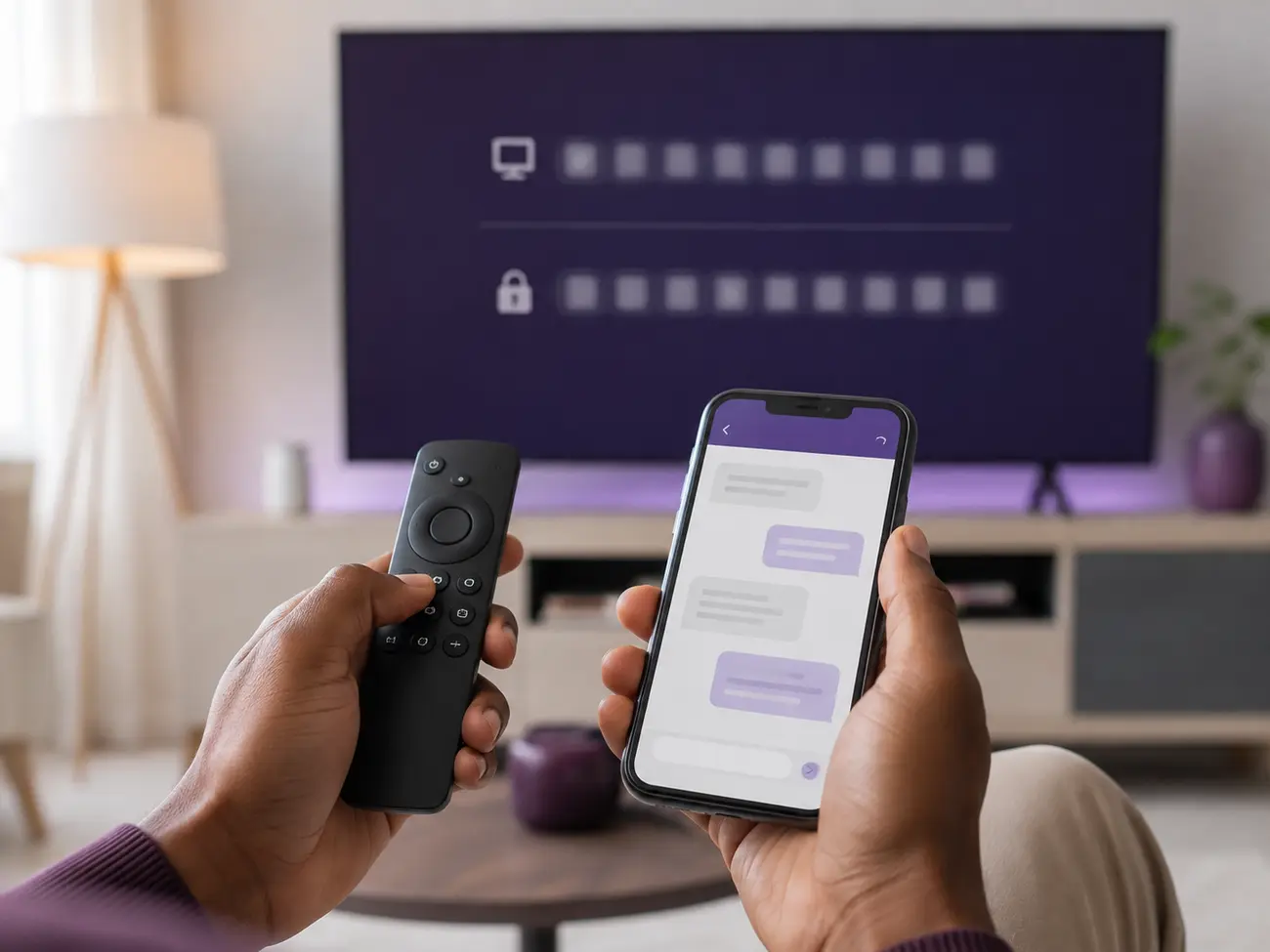 Un client reçoit une aide guidée pour installer la télévision avec un téléphone et une télécommande